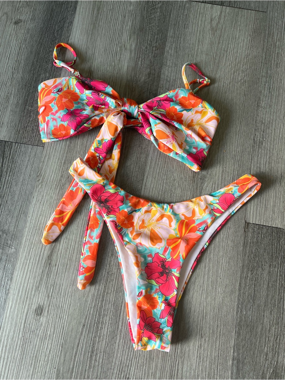 Girls Floral Tie-Front Bikini Set in Pink & Orange